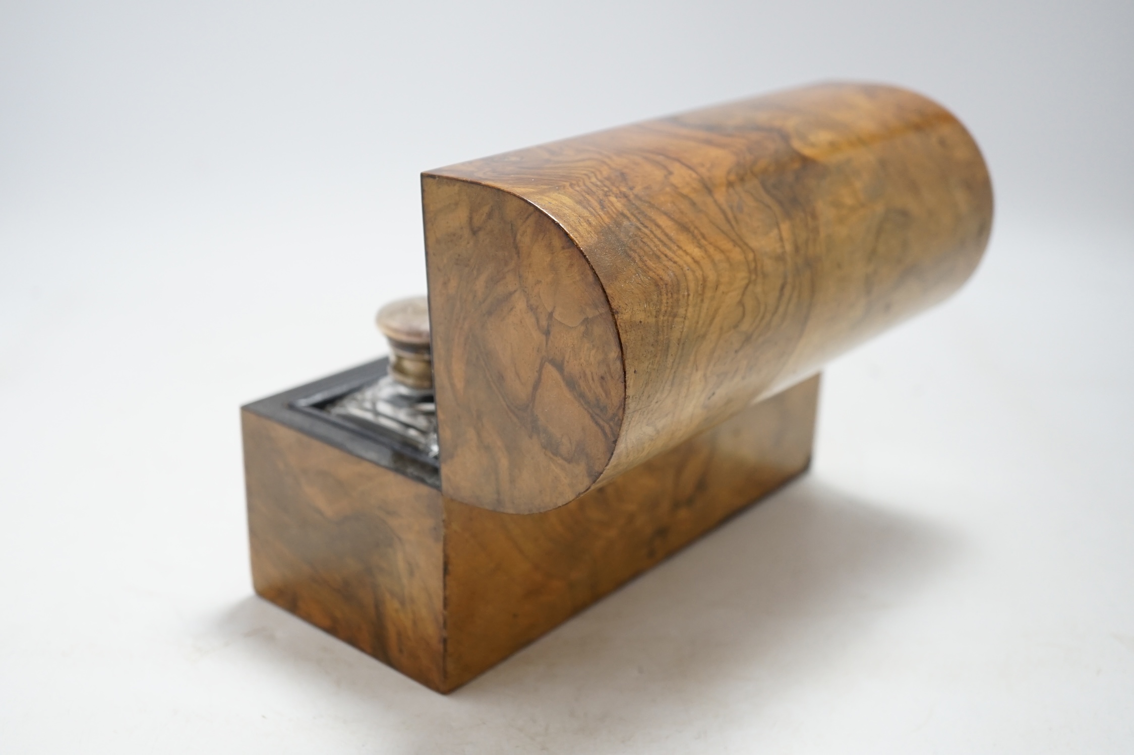 A Victorian walnut dome topped scent bottle case, fitted with three glass bottles with plated mounts, case 20.5cm wide. Condition - metal mount to dome top at the front missing, with minor damage to veneer